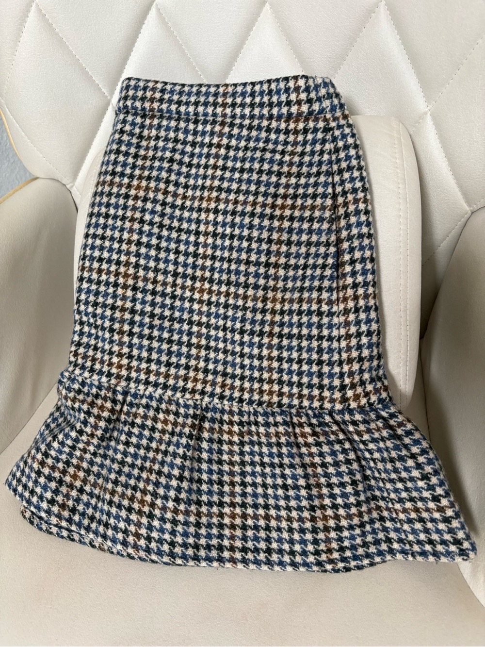 J. Crew Blue & Brown Houndstooth Ruffle-Hem Pencil Skirt